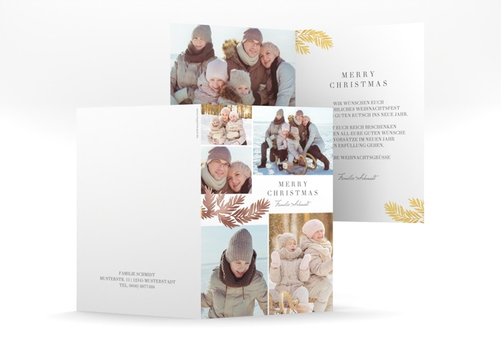 Weihnachtskarte Goldzweig A6 Klappkarte hoch weiss rosegold edel mit Foto-Collage