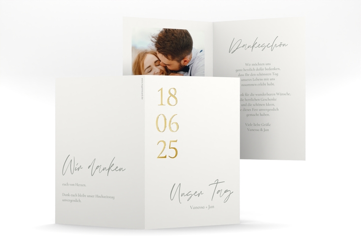 Dankeskarte Hochzeit Day A6 Klappkarte hoch weiss gold mit Datum im minimalistischen Design