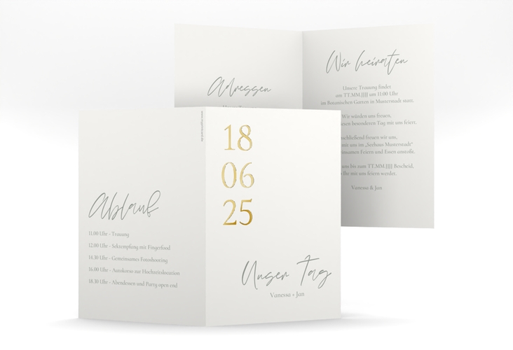 Einladungskarte Hochzeit Day A6 Klappkarte hoch weiss gold mit Datum im minimalistischen Design