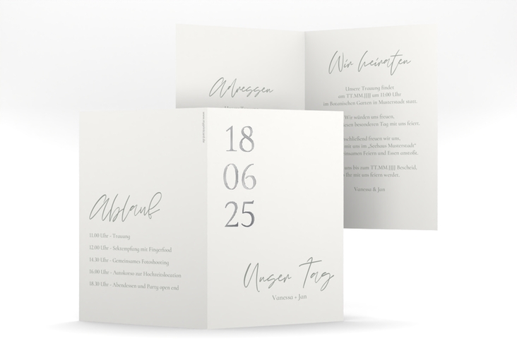 Einladungskarte Hochzeit Day A6 Klappkarte hoch weiss silber mit Datum im minimalistischen Design