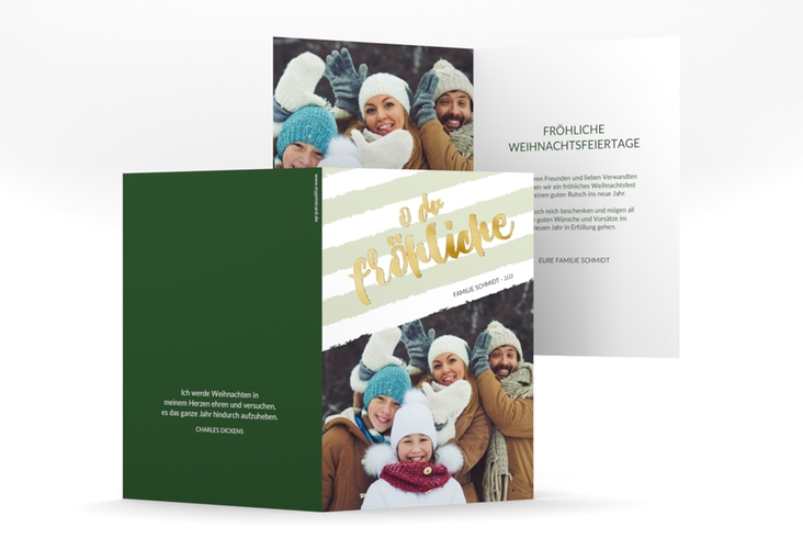 Weihnachtskarte Weihnachtslied A6 Klappkarte hoch gruen gold gestreift mit Familienfoto