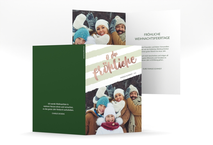 Weihnachtskarte Weihnachtslied A6 Klappkarte hoch gruen rosegold gestreift mit Familienfoto