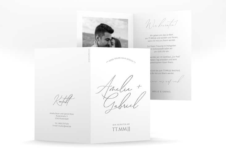 Einladungskarte Hochzeit Federschrift A6 Klappkarte hoch weiss silber in schlichtem Design mit Kalligrafie