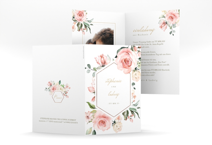 Einladungskarte Hochzeit Graceful A6 Klappkarte hoch weiss rosegold mit Rosenblüten in Rosa und Weiß