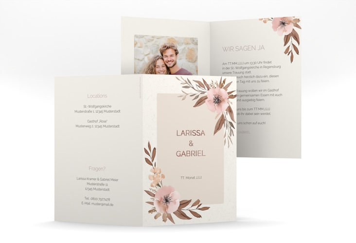 Einladungskarte Hochzeit Modest A6 Klappkarte hoch beige rosegold mit elegantem Blumen-Aquarell