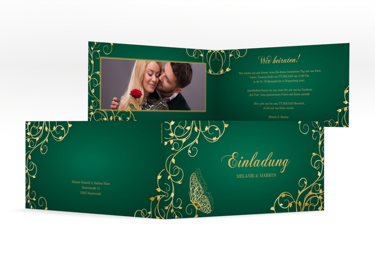 Hochzeitseinladung Eternity lange Klappkarte quer gruen gold