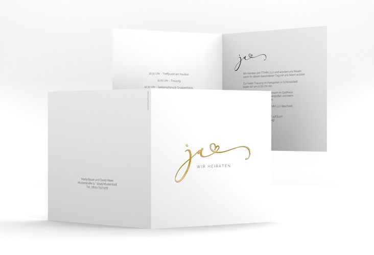 Hochzeitseinladung Jawort quadr. Klappkarte weiss gold modern minimalistisch mit veredelter Aufschrift