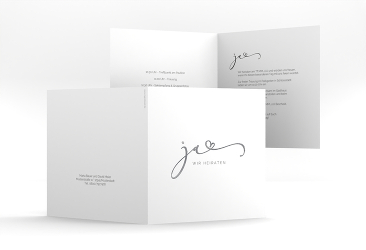 Hochzeitseinladung Jawort quadr. Klappkarte weiss silber modern minimalistisch mit veredelter Aufschrift