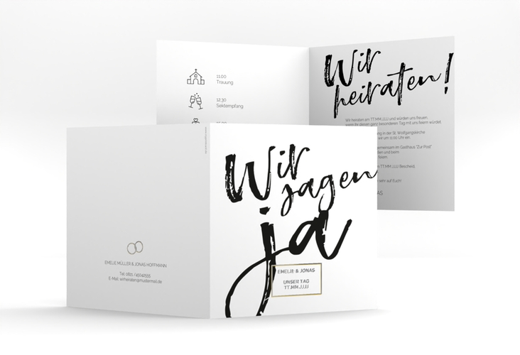 Hochzeitseinladung Words quadr. Klappkarte weiss silber modern mit Brush-Schrift