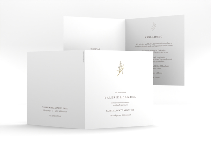 Hochzeitseinladung Ivy quadr. Klappkarte weiss gold minimalistisch mit kleiner botanischer Illustration