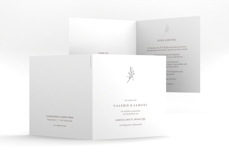 Hochzeitseinladung Ivy quadr. Klappkarte weiss silber minimalistisch mit kleiner botanischer Illustration