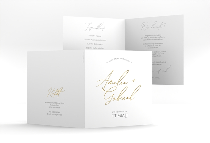 Hochzeitseinladung Federschrift quadr. Klappkarte weiss gold in schlichtem Design mit Kalligrafie