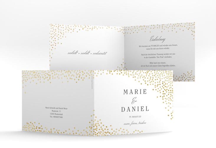 Hochzeitseinladung Glitter A6 Klappkarte quer weiss gold