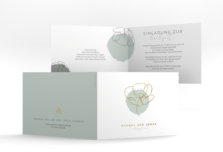 Hochzeitseinladung Flowerline A6 Klappkarte quer gruen gold