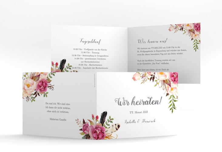 Hochzeitseinladung Flowers A6 Klappkarte quer weiss silber mit bunten Aquarell-Blumen