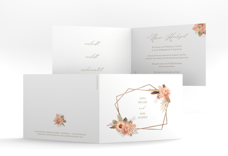 Hochzeitseinladung Strohblume A6 Klappkarte quer weiss rosegold