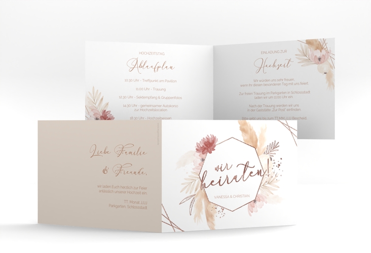 Hochzeitseinladung Bohostyle A6 Klappkarte quer beige rosegold mit Pampasgras in Aquarell