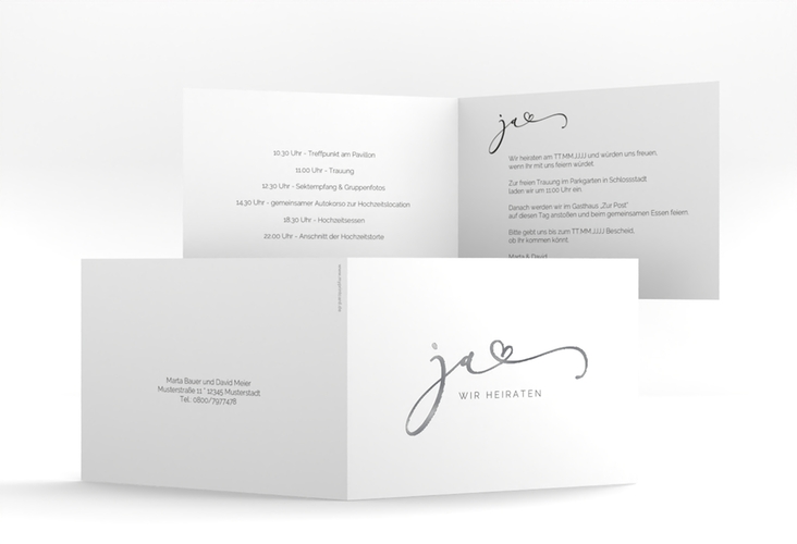 Hochzeitseinladung Jawort A6 Klappkarte quer weiss silber modern minimalistisch mit veredelter Aufschrift