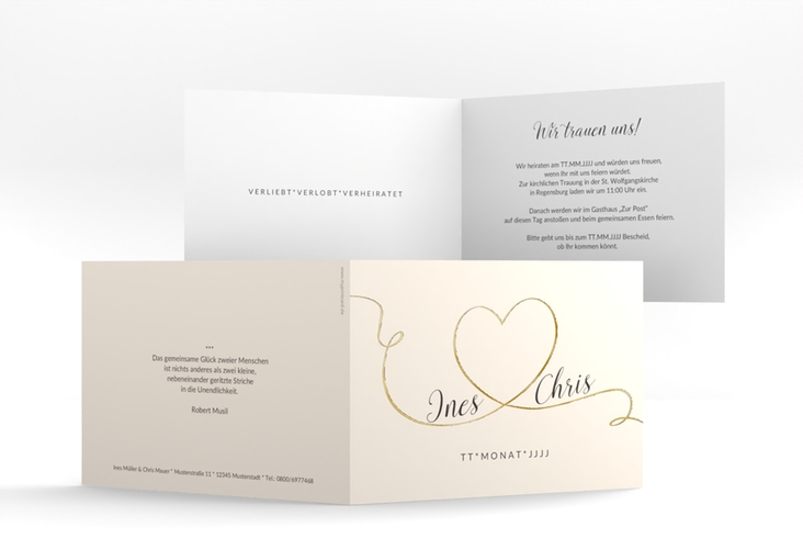 Hochzeitseinladung Dolce A6 Klappkarte quer beige gold