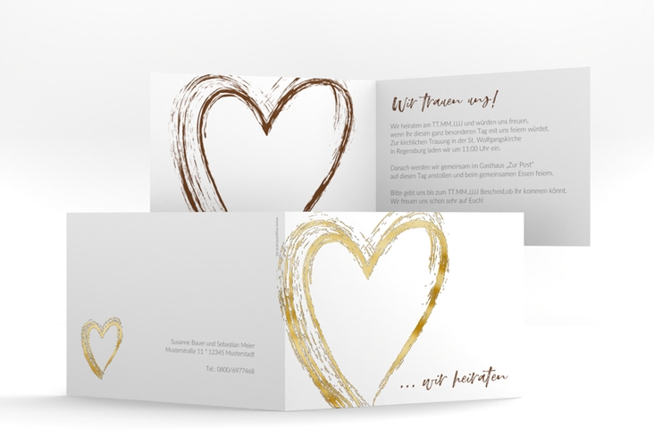 Hochzeitseinladung Liebe A6 Klappkarte quer braun gold