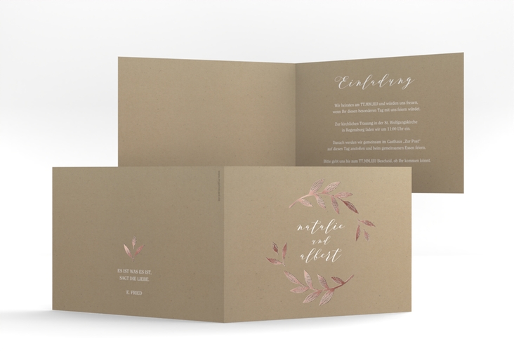 Hochzeitseinladung Naturelove A6 Klappkarte quer weiss rosegold in Kraftpapier-Optik mit Blatt-Illustration