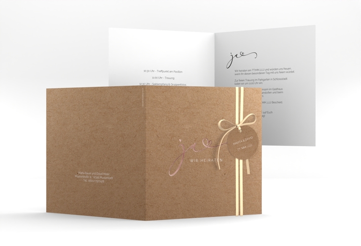 Hochzeitseinladung Jawort quadr. Klappkarte rosegold modern minimalistisch mit veredelter Aufschrift