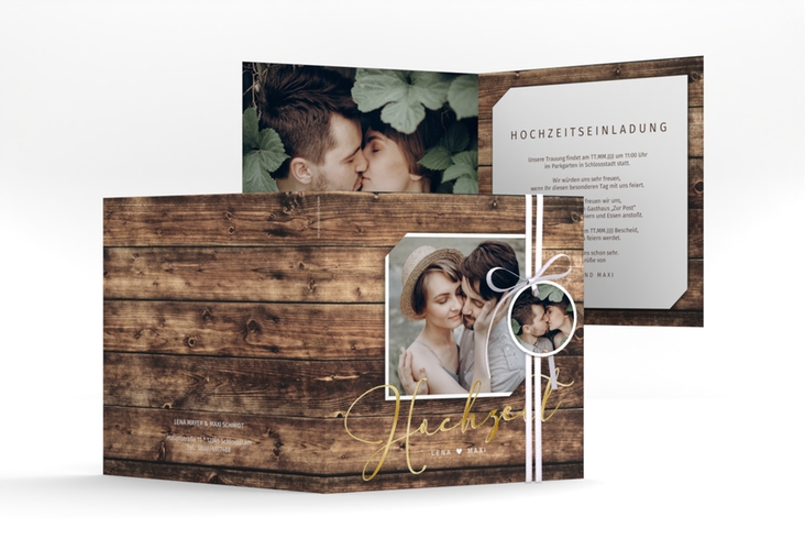 Hochzeitseinladung Rustic quadr. Klappkarte gold in Holz-Optik mit Foto