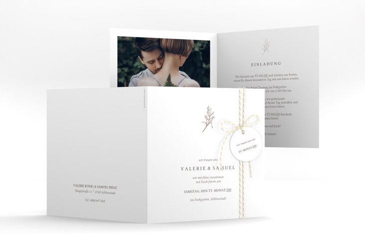 Hochzeitseinladung Ivy quadr. Klappkarte rosegold minimalistisch mit kleiner botanischer Illustration