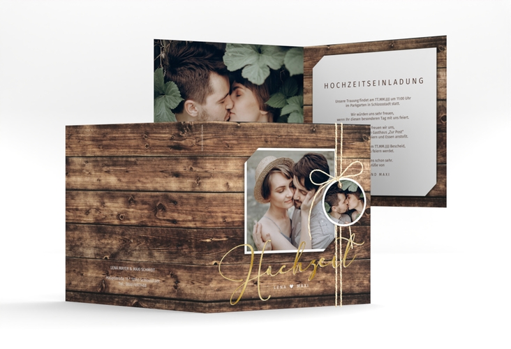 Hochzeitseinladung Rustic quadr. Klappkarte gold in Holz-Optik mit Foto