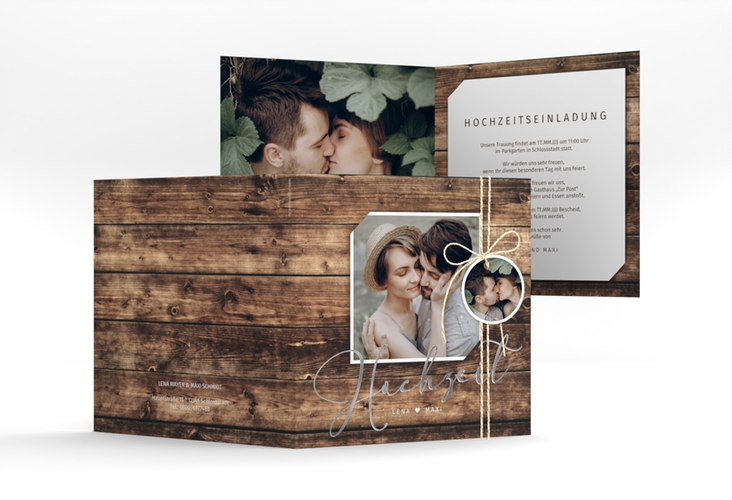 Hochzeitseinladung Rustic quadr. Klappkarte silber in Holz-Optik mit Foto