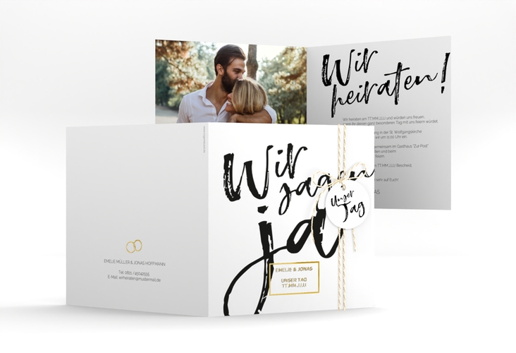 Hochzeitseinladung Words quadr. Klappkarte gold modern mit Brush-Schrift