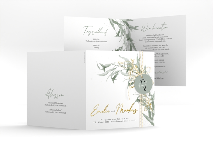 Hochzeitseinladung  Eucalyptus Green quadr. Klappkarte gold