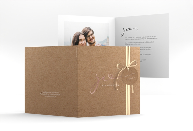 Hochzeitseinladung Jawort quadr. Klappkarte rosegold modern minimalistisch mit veredelter Aufschrift