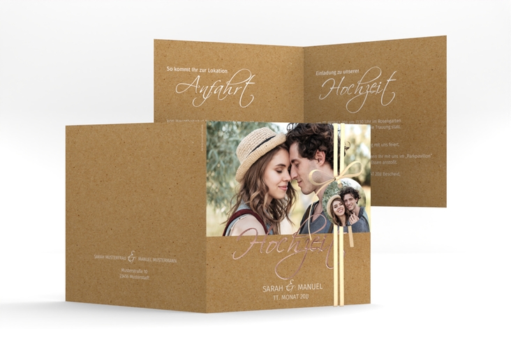 Hochzeitseinladung Big Picture quadr. Klappkarte rosegold mit Foto des Brautpaars