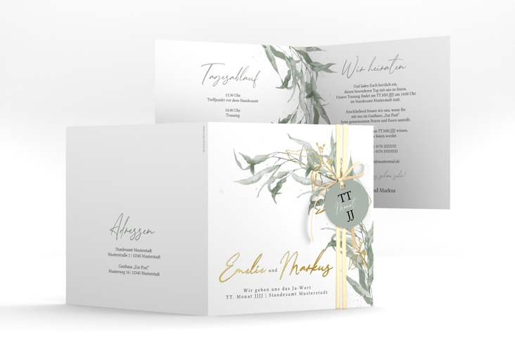 Hochzeitseinladung  Eucalyptus Green quadr. Klappkarte gold