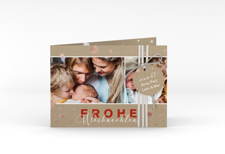 Weihnachtskarte Schneeglanz A6 Klappkarte quer Kraftpapier rosegold