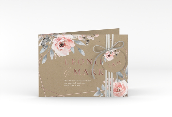 Hochzeitseinladung Perfection A6 Klappkarte quer Kraftpapier rosegold mit rosa Rosen