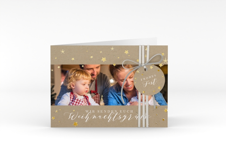 Weihnachtskarte Sternennacht A6 Klappkarte quer Kraftpapier gold mit Sternchen und Familienfoto