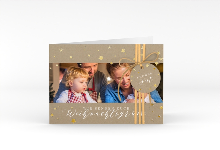 Weihnachtskarte Sternennacht A6 Klappkarte quer Kraftpapier gold mit Sternchen und Familienfoto