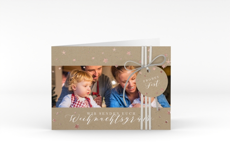 Weihnachtskarte Sternennacht A6 Klappkarte quer Kraftpapier rosegold mit Sternchen und Familienfoto