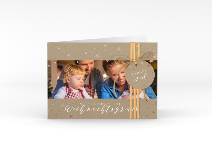 Weihnachtskarte Sternennacht A6 Klappkarte quer Kraftpapier rosegold mit Sternchen und Familienfoto