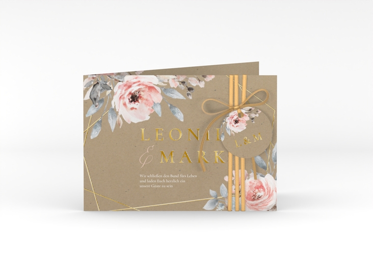 Hochzeitseinladung Perfection A6 Klappkarte quer Kraftpapier gold mit rosa Rosen