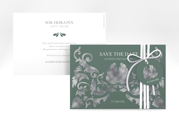 Save the Date-Karte Royal A6 Karte quer gruen silber mit barockem Blumen-Ornament