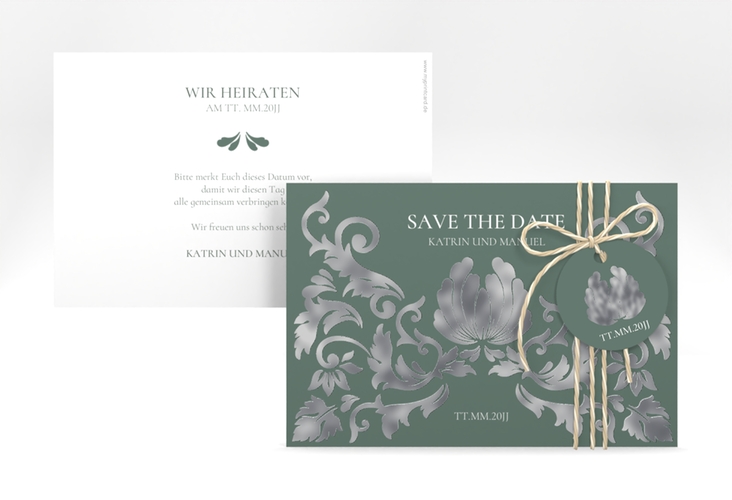 Save the Date-Karte Royal A6 Karte quer gruen silber mit barockem Blumen-Ornament