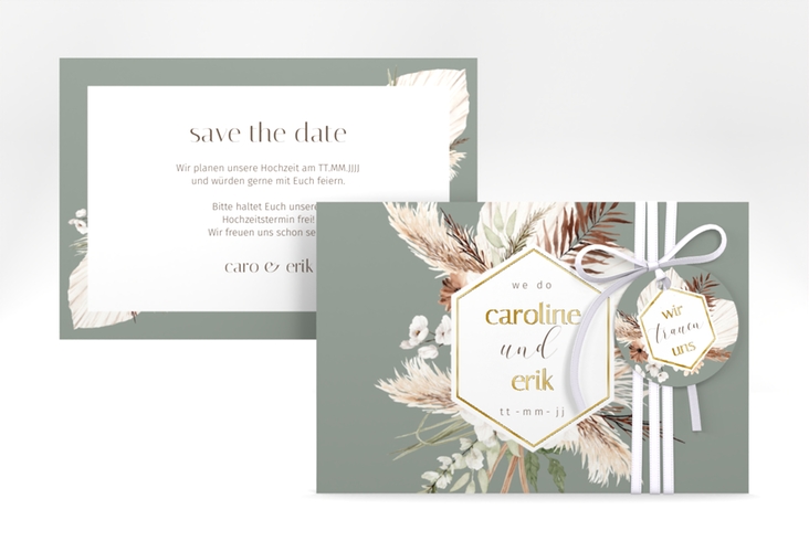 Save the Date-Karte Bohemian A6 Karte quer gruen gold