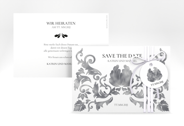 Save the Date-Karte Royal A6 Karte quer weiss silber mit barockem Blumen-Ornament