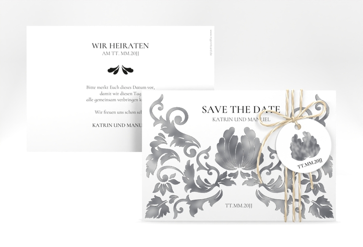 Save the Date-Karte Royal A6 Karte quer weiss silber mit barockem Blumen-Ornament