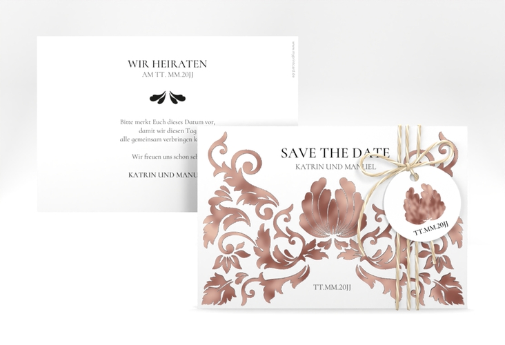 Save the Date-Karte Royal A6 Karte quer weiss rosegold mit barockem Blumen-Ornament