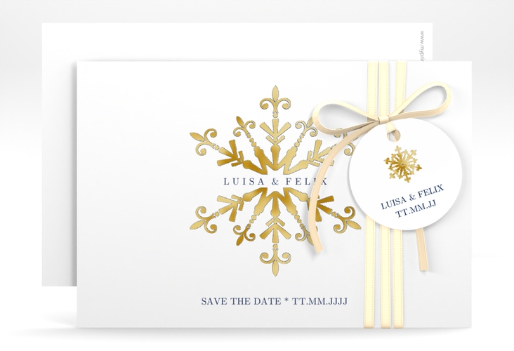 Save the Date-KarteCrystal A6 Karte quer weiss gold mit Eiskristall