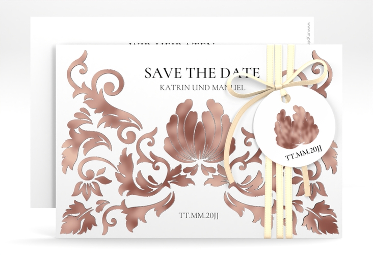 Save the Date-Karte Royal A6 Karte quer weiss rosegold mit barockem Blumen-Ornament